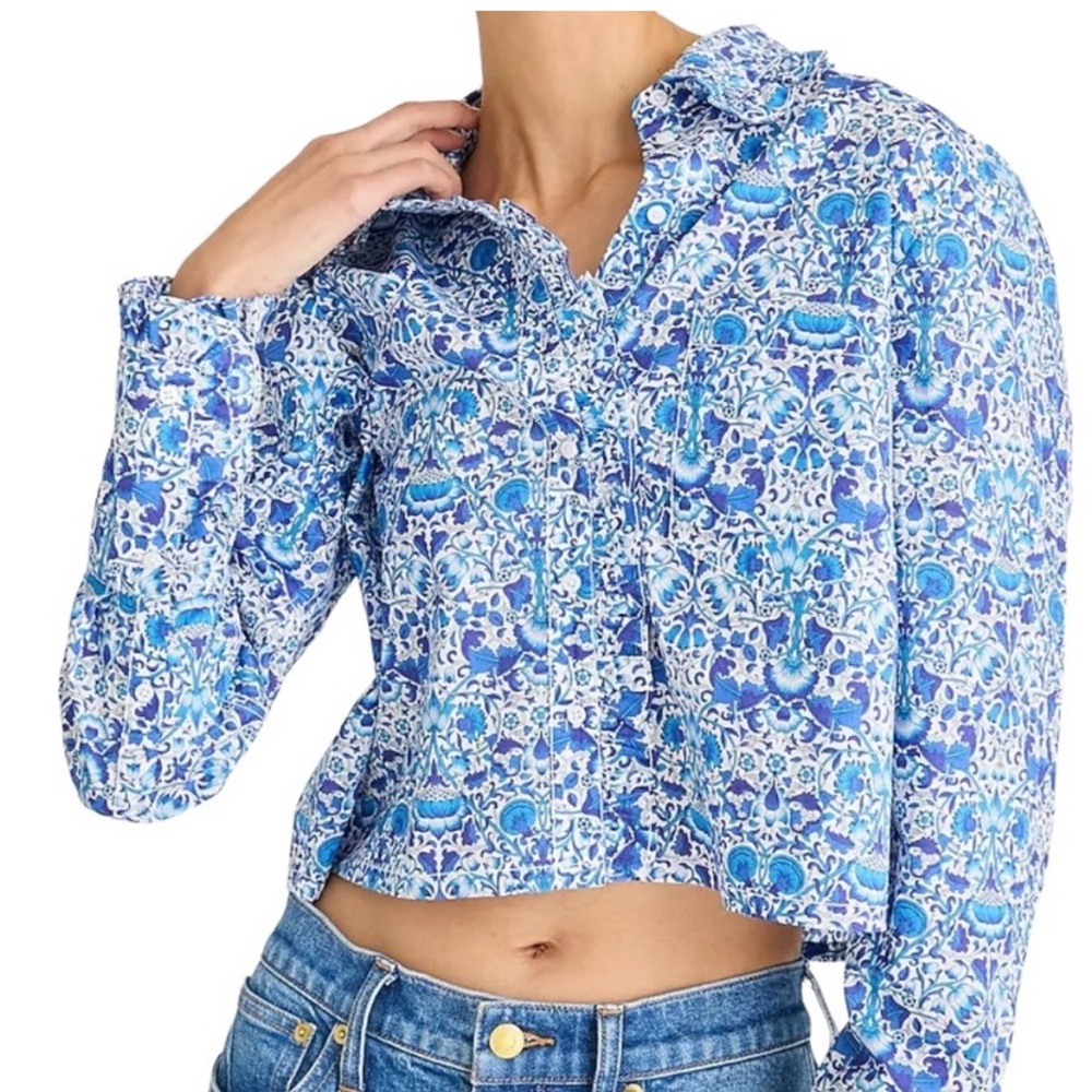 NEW! J Crew BX859 blue white Liberty print ruffle trim 100% cotton blouse M